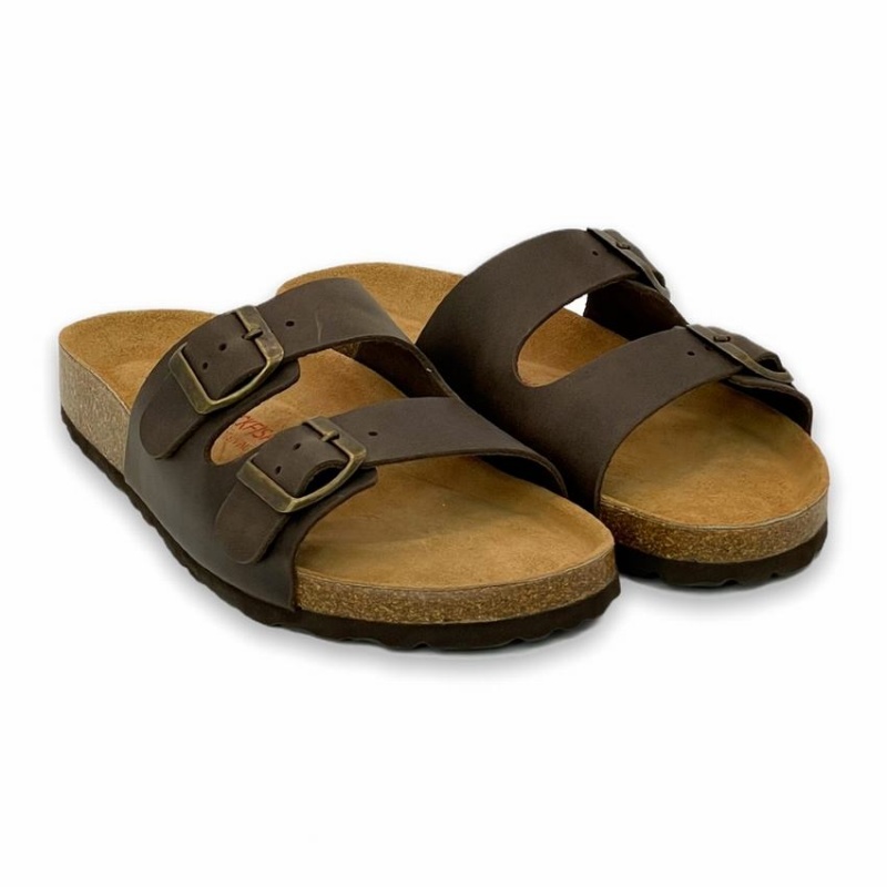 Rockfish Hoby Leather Two-strap Cork Sandal Double Strap Men's Sandals Dark Brown | MRB2542PH