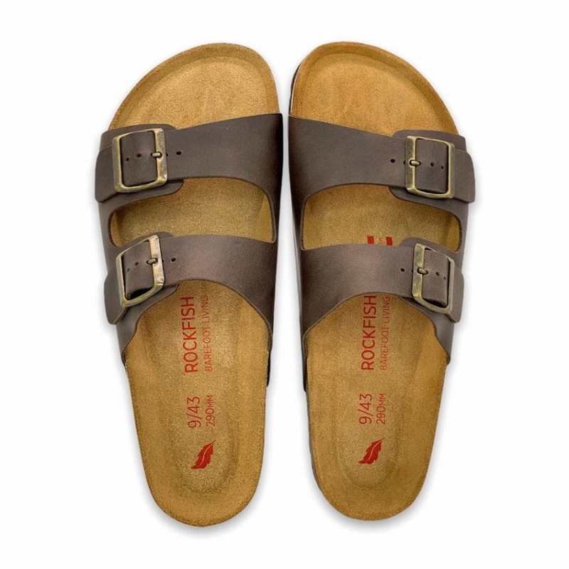 Rockfish Hoby Leather Two-strap Cork Sandal Double Strap Men's Sandals Dark Brown | MRB2542PH