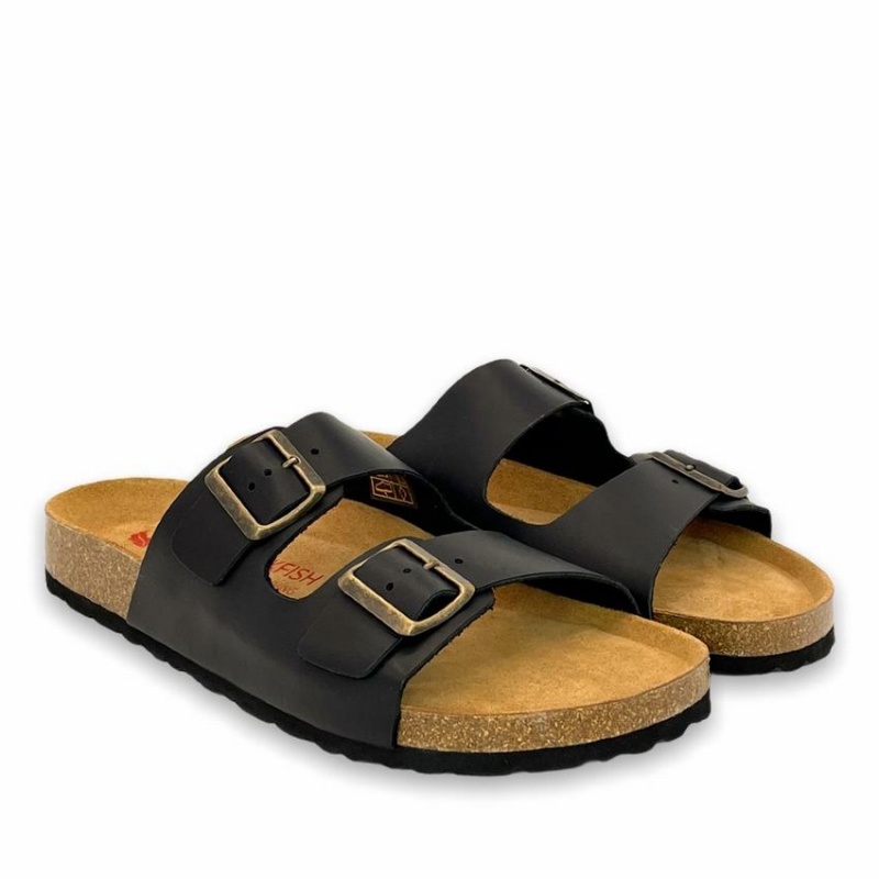 Rockfish Hoby Leather Two-strap Cork Sandal Double Strap Men's Sandals Black | XIO8444XT