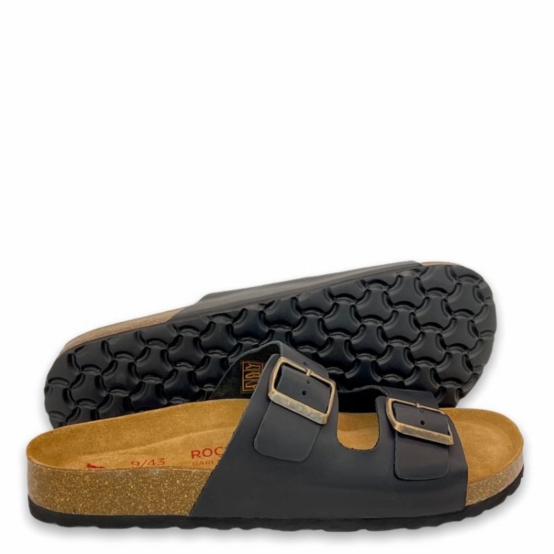 Rockfish Hoby Leather Two-strap Cork Sandal Double Strap Men's Sandals Black | XIO8444XT