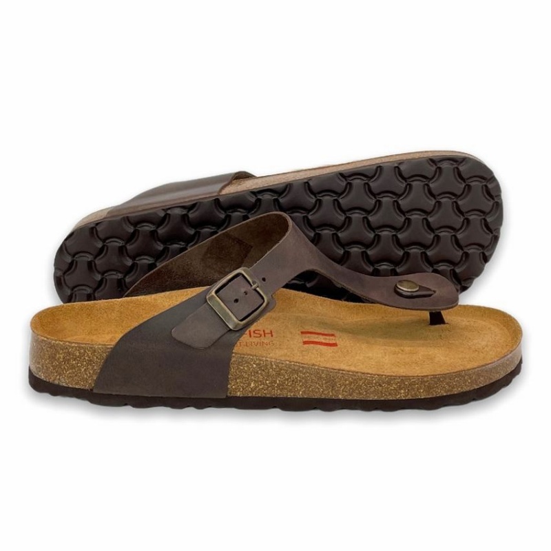 Rockfish Lochlan Leather Thong Cork Flatform Flip Flop Men's Sandals Dark Brown | MXB7417UC