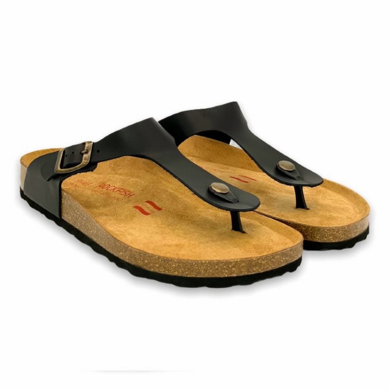 Rockfish Lochlan Leather Thong Cork Flatform Flip Flop Men's Sandals Black | GBN4794TD