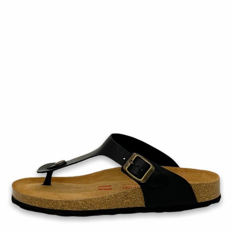 Rockfish Lochlan Leather Thong Cork Flatform Flip Flop Men's Sandals Black | GBN4794TD