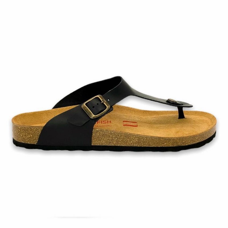 Rockfish Lochlan Leather Thong Cork Flatform Flip Flop Men\'s Sandals Black | GBN4794TD